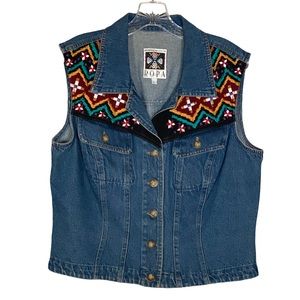Hairston Roberson Ropa Denim Vest Vintage Embroidered Southwest Women’s Size L